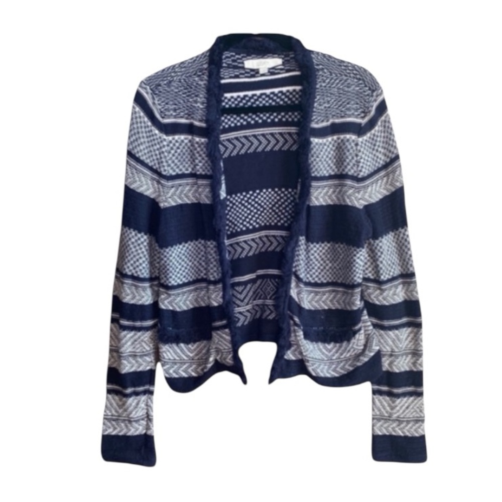 Ann Taylor Loft Navy Blue Sweater Blazer w/ Fringe Trim size women’s medium M